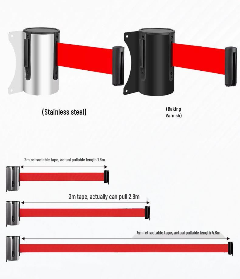 Wall-Mounted Stainless Steel Retractable Queue Barrier with Railing and Warning Tape
