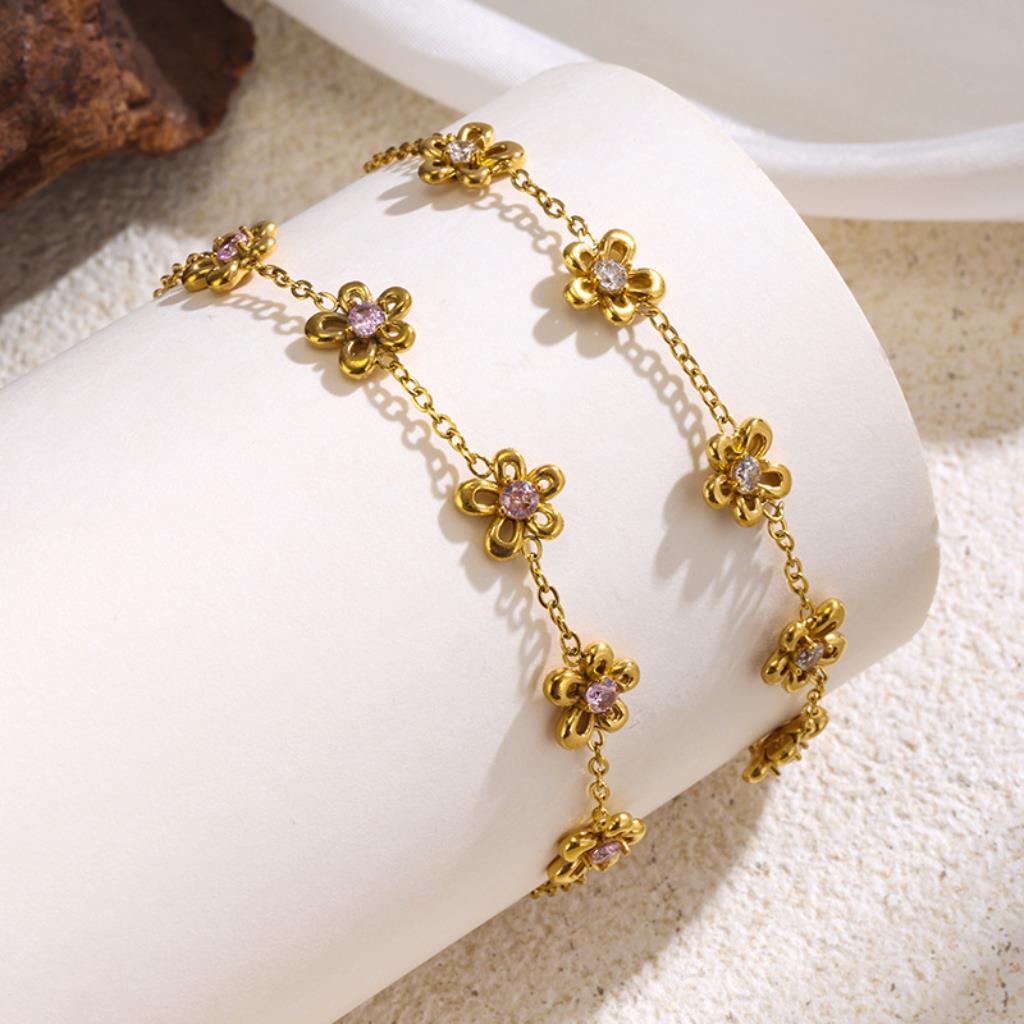 Luxury Gold Color Zircon Flower Bracelet - Stainless Steel Jewelry for Women Hypoallergenic Gift Party Bangle Accessories