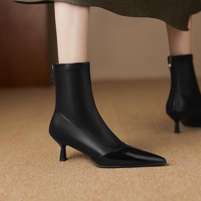 Модные женские новые осенне-зимние кожаные овчинные остроносые туфли на высоком каблуке, большие, сексуальные, подиумные, до икры, на молнии, эластичные короткие ботинки