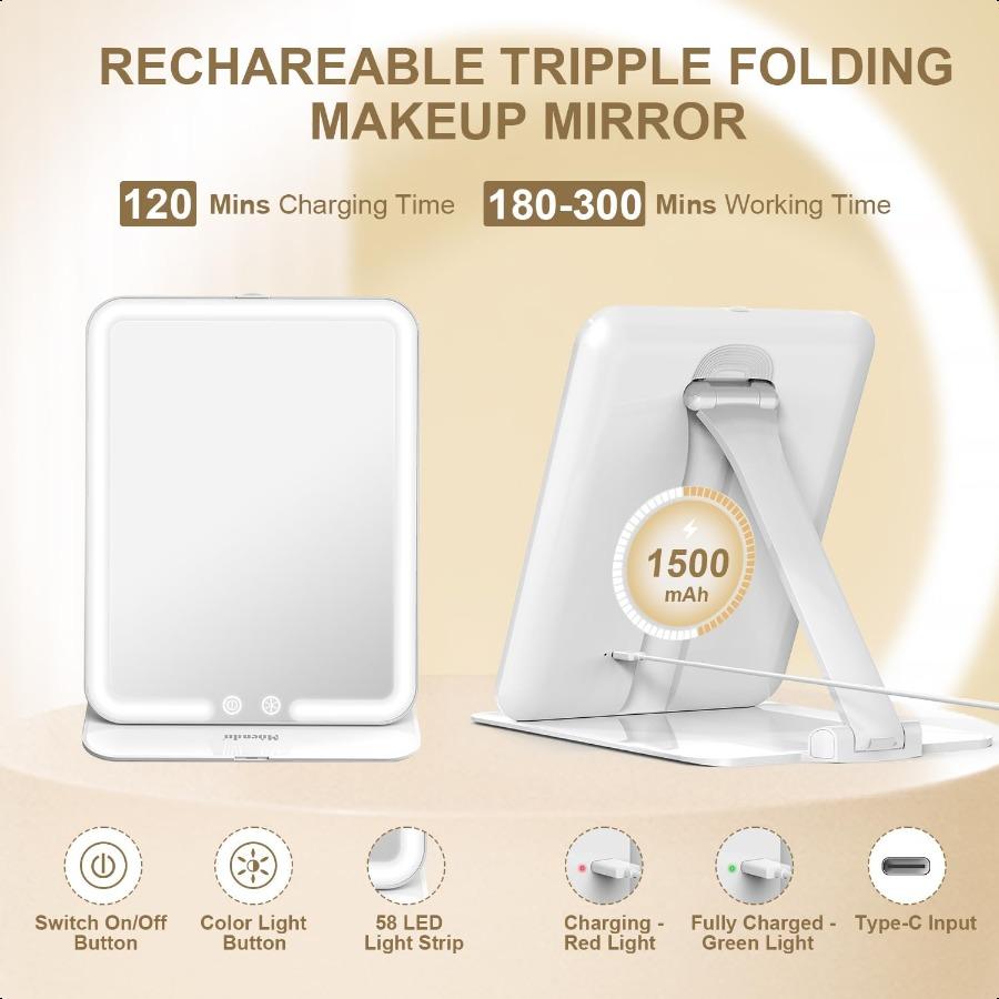 Дорожное зеркало для макияжа с подсветкой Тройное складное зеркало для макияжа с подсветкой 3 цвета Освещенное зеркало для макияжа 1500 мАч Перезаряжаемый M