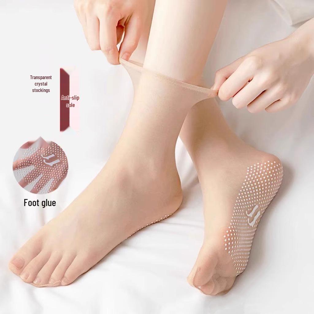 Женские ультратонкие кристальные чулки против зацепок с противоскользящими точками - Дышащие, Легкие, Телесного цвета, До середины икры