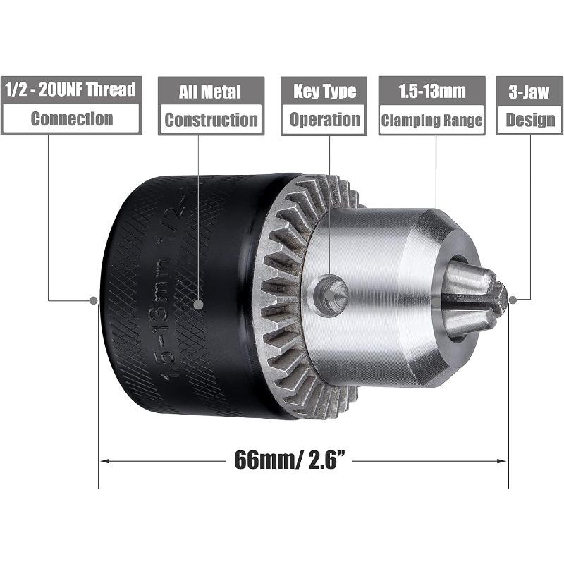1/2-Inch Drill Chuck with Key 1.5-13mm Drill Press Chuck Replacement 12-20UNF Mount for Impact Driver Power Drill