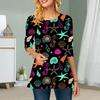 Plus Size Women Flower Coconut Tree Print Round Neck Casual Loose Long Sleeve Top