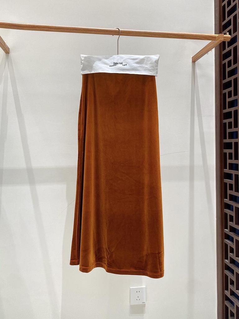 2025 Осень Женская Юбка Миди из Бархата с Завышенной Талией и Хвостом Русалки - Приталенный Дизайн в Национальном Стиле А-силуэта