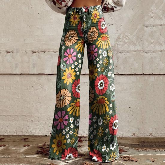 Women Jeans Button Zipper Fly Straight Leg Denim Pants with Pockets Digital Flower Print Long Trousers Streetwear