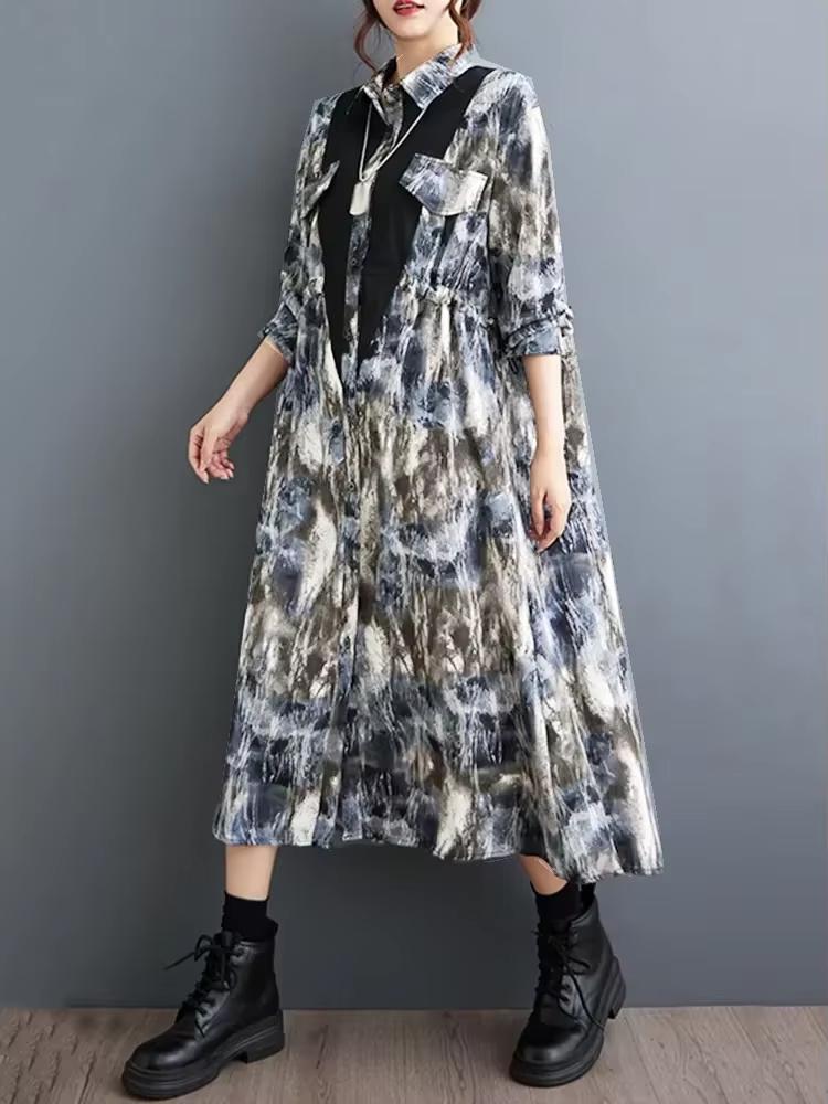 Xitao Свободное платье-рубашка в стиле пэчворк с принтом, повседневное однобортное женское платье на шнурке, новое осеннее простое платье в стиле темперамент DMJ4175