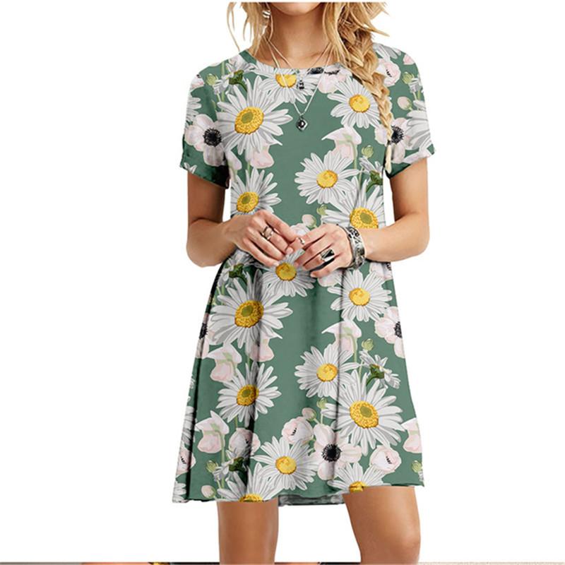 3D Green Leaves Floral Printed Dress For Women Summer Loose Casual Short Sleeve O-Neck Dress