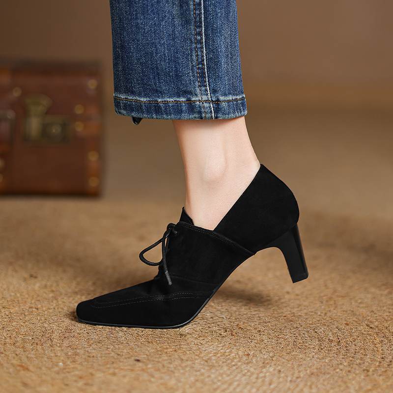 Krazing Pot Sheep Suede Autumn Winter Shoes Stiletto Med Heels Lace Up Size 43 Size 42 Pointed Toe Deep Mouth Pumps