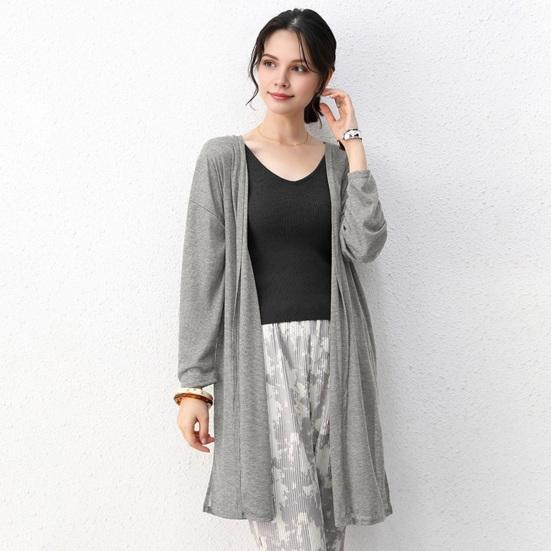 Женское повседневное пальто без воротника с длинным рукавом и открытой строчкой, кардиган средней длины, однотонное тонкое солнцезащитное пальто