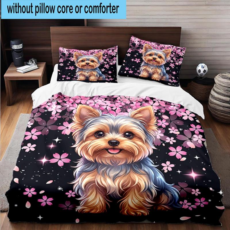 Cherry Blossom Yorkie 3pcs Bedding,Including 1pc Duvet Cover And 2pcs Pillowcases Perfect for Christmas,Ideal for Bedroom, Dormitory