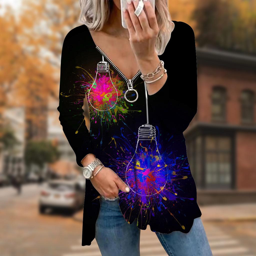 Women Autumn Colorful Light Bulb Printed Long Sleeve T-Shirts Loose V-Neck Plus Size Tee Shirt Tops Comfy Blouse