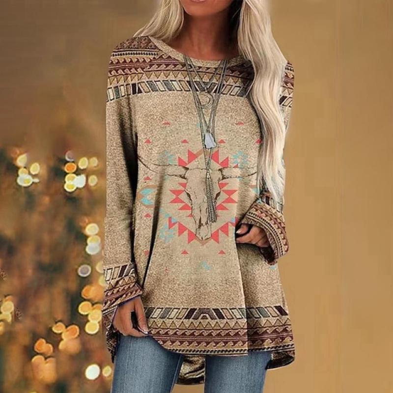 Этническая футболка с 3d принтом, женские модные футболки, повседневные топы с длинными рукавами, осенние свободные винтажные футболки с графическим принтом в стиле Харадзюку