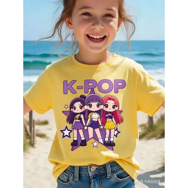 Детская футболка K-pop с мультяшным принтом, короткий рукав, летняя, удобная, забавный подарок для фанатов, футболки в стиле Харадзюку, одежда для девочек