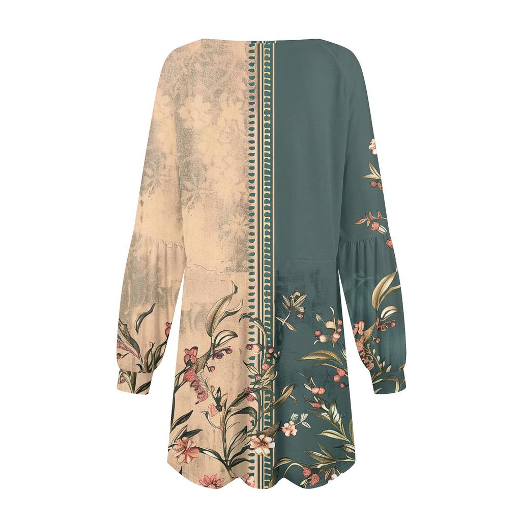 Модное женское платье трапециевидной формы с длинным рукавом. Осенний повседневный пуловер с круглым вырезом. Свободное платье с карманами.