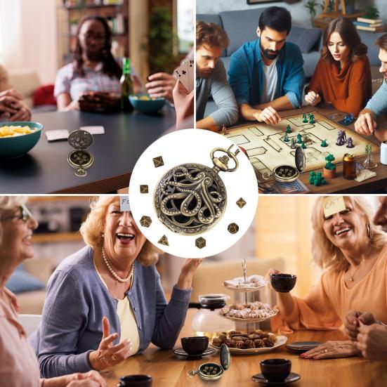 Мини-набор кубиков DND, многогранные металлические кубики с цепочкой, шестерни в стиле стимпанк, карманные часы с осьминогом, набор кубиков для ролевых игр