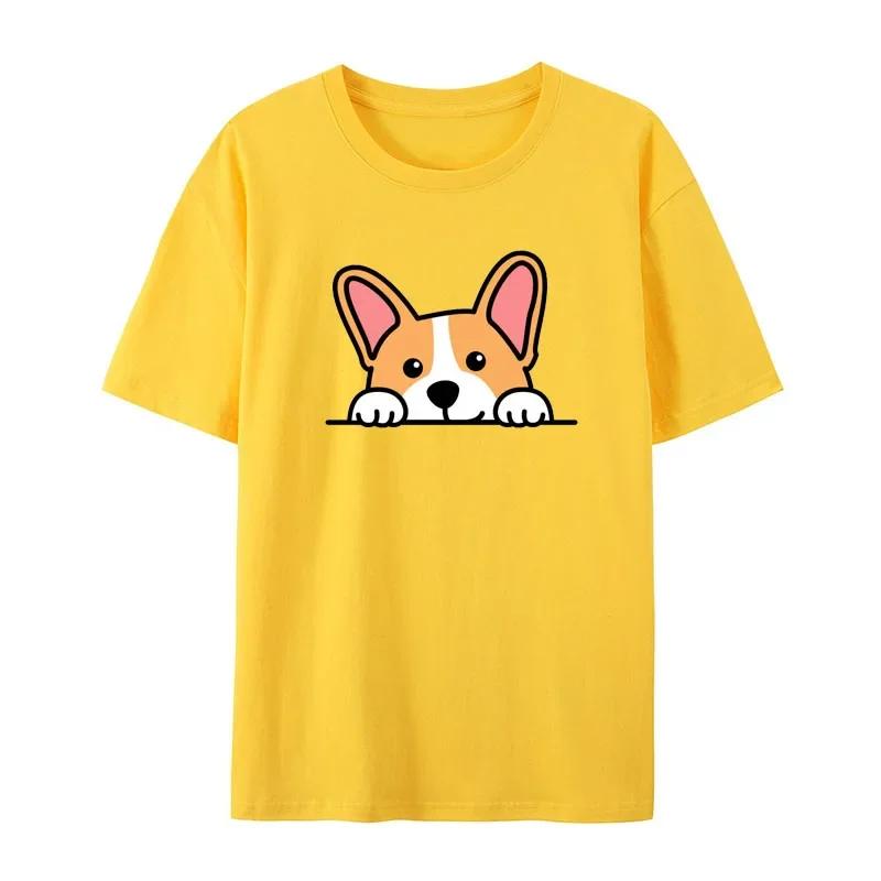 Cute Dog Corgi Print Summer Short-sleeved Casual Daily Versatile Men's Top Cotton European Size Comfortable T-shirt