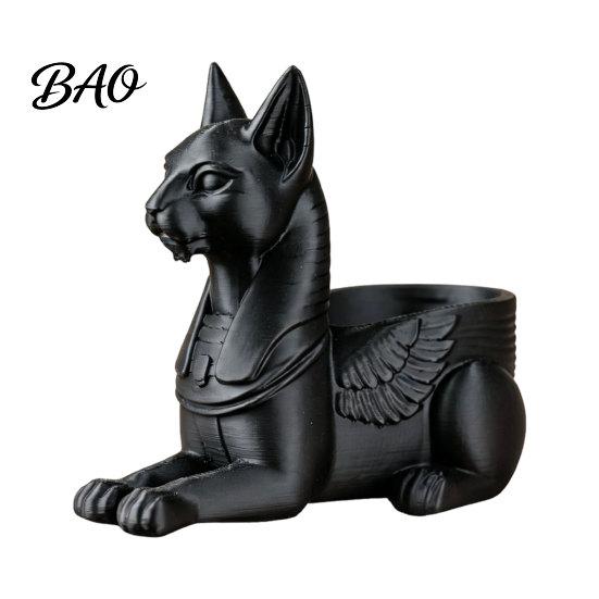 Retro Egyptian Cat Art Statue, 3D Printed Bastet Figurine with Storage, Sculpture Mythical Creature Desk Organizer for Home Office, Collectible