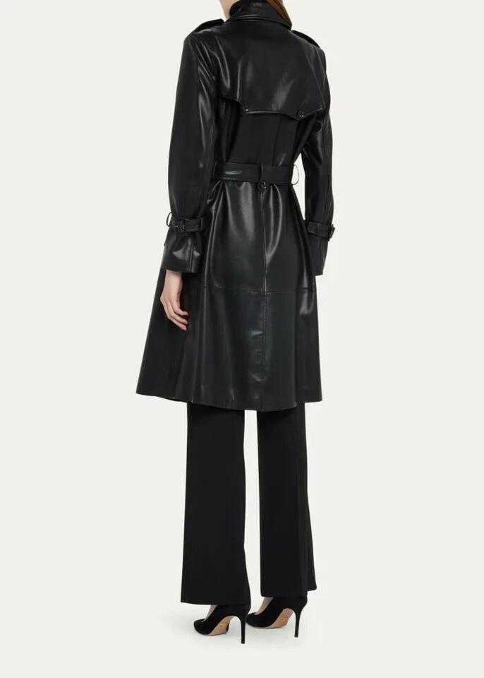 Женский плащ из овчины ручной работы Черный Кожа Натуральная Длинный Вечерний Стильный