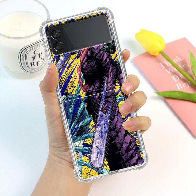 Cute Cartoon Chainsaw Man Pattern Case For Samsung Galaxy Z Flip 3 4 5g Funda Z Flip3 Clear Pc Hard Shockproof Phone Coque Shell