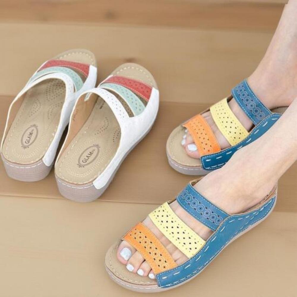 New Arrivals Open Run Women Leather Open Toe Punching Mule Sandals