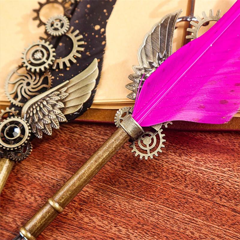 Luxury Fountain Pen Set Vintage Sprinkling Gold Feather Pens Ink Bottle Calligraphy Writing Dip Pen-s Birthday Gift 5 Nib Quill