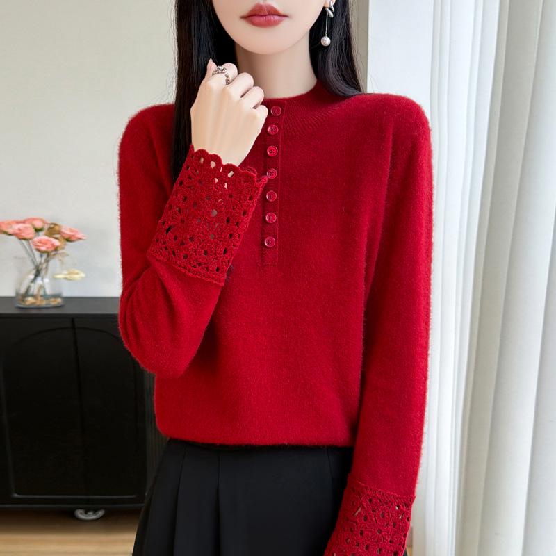 2025 Korean Style Women's Heavy Knit Wool Sweater: Versatile Hollow-Out, Half-High Neck, Slimming Base Layer
