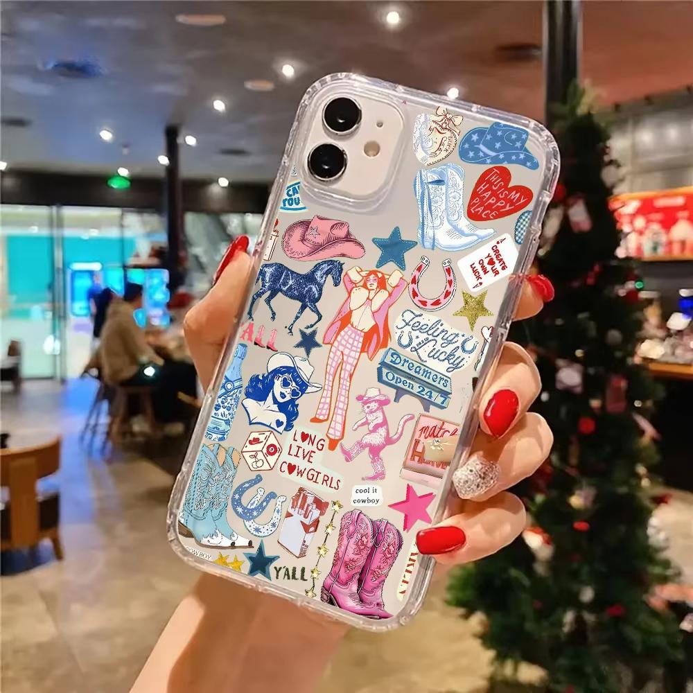 Ковбойка И Западный Коллаж Из Наклеек Прозрачный Чехол Для Телефона Для iPhone 11 12 13 14 15 16 17 Pro Max Plus XS X XR Силиконовый Мягкий Чехол