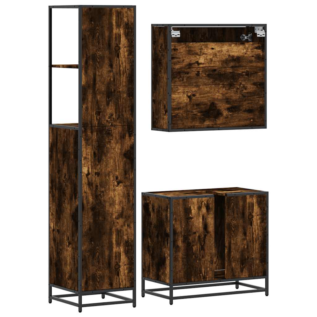 3 Piece Bathroom Furniture Set Smoked Oak Wood Based Material