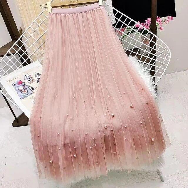 Long Skirt Korean Fashion Harajuku Kawaii Y2k Midi Maxi Tulle Skirt Spring Autumn High Waist Korean Streetwear Pink Black Skirt
