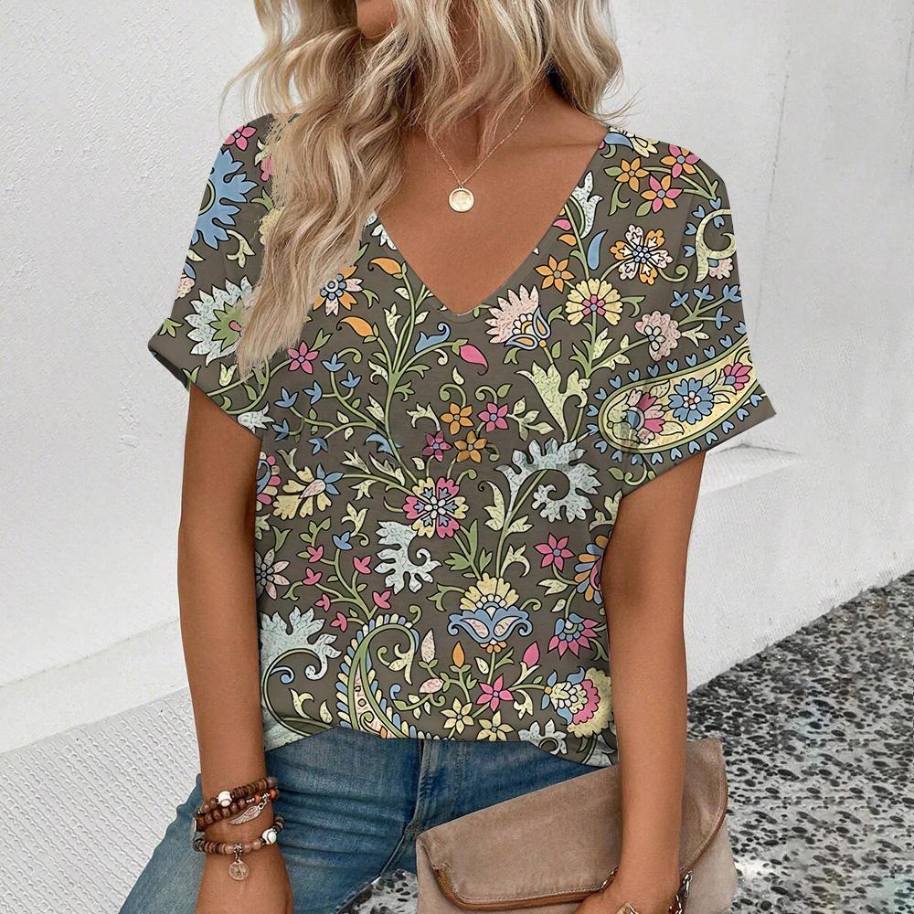 Летний повседневный топ с V-образным вырезом, элегантный и удобный, с короткими рукавами, женская модная трендовая футболка с цветочным принтом