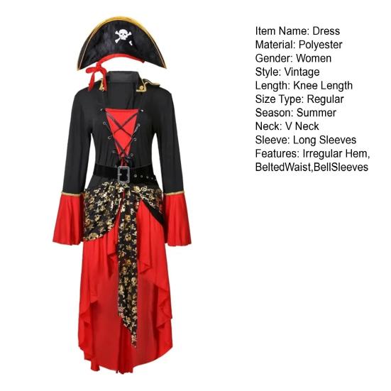 Платье для косплея на Хэллоуин, костюм для танцевальной вечеринки «Королева пиратов», сценический костюм с рукавами-колокольчиками, неровным подолом и шнуровкой на ремне