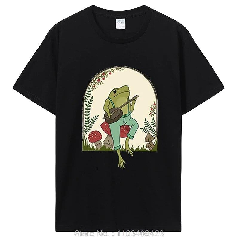 Cute Cottagecore T-shirts Aesthetic Frog Playing Banjo On Mushroom T Shirt Unisex Cotton Graphic TShirt Unisex Clothing Oversized