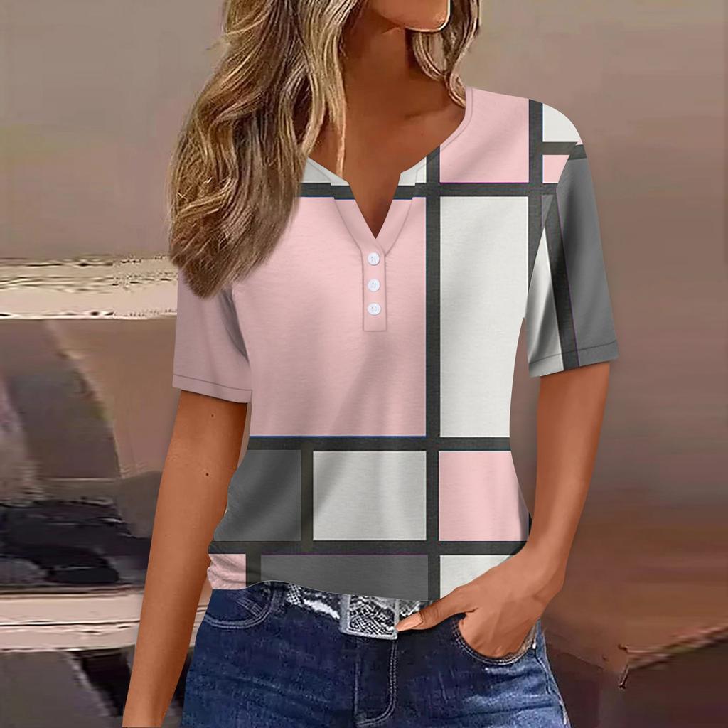 Жен. Футболка Футболка С принтом Пуговицы С короткими рукавами Повседневные Выходные Мода Классический V-образный вырез Обычный Верх