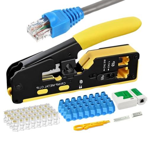 GHDVOP RJ45 Crimping Tool, LAN Cable Crimping Tool Set, LAN Connector Crimping Pliers, Includes RJ45 Through-Type Connectors, CAT5/CAT6/CAT7 Compatibl