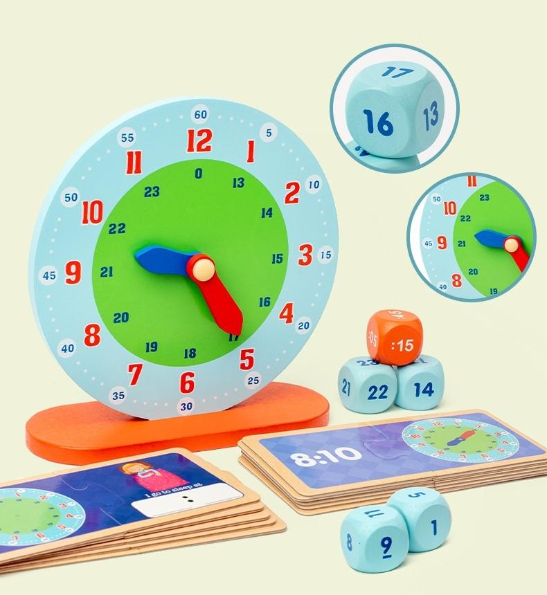 Wooden Clock Model Teaching Aid Learning Hour Minute Second Cognition Kindergartner Toy for Game Interaction Time Cogn