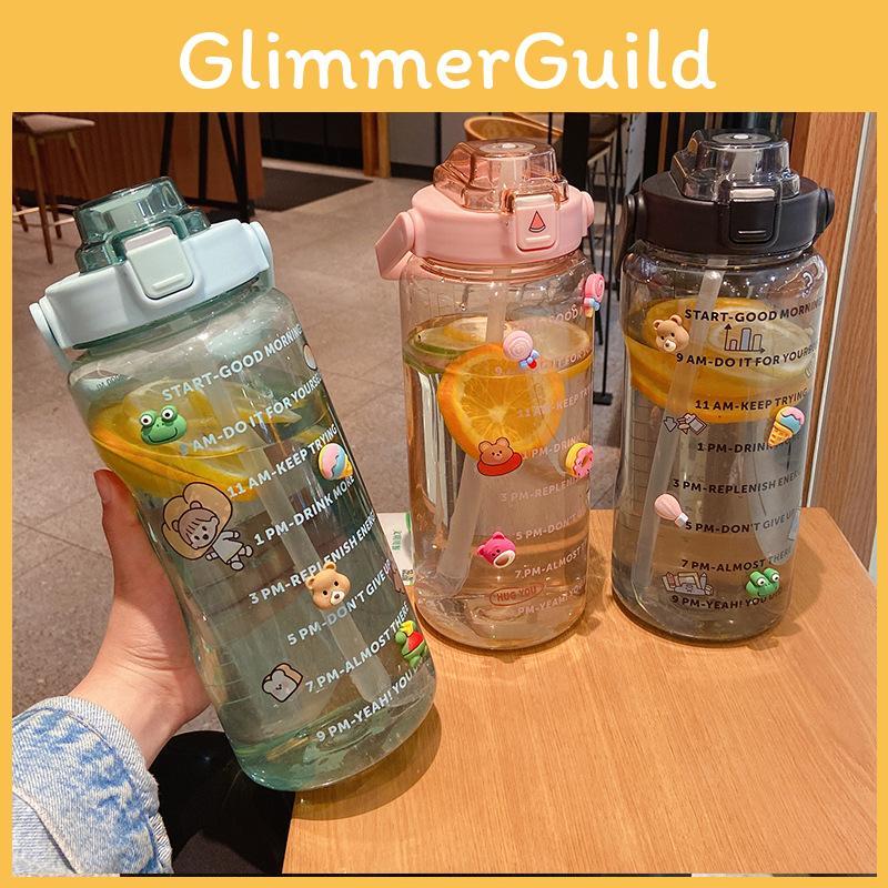 Спортивная бутылка для воды большой емкости 2 л с соломинкой, отметкой времени и забавными наклейками