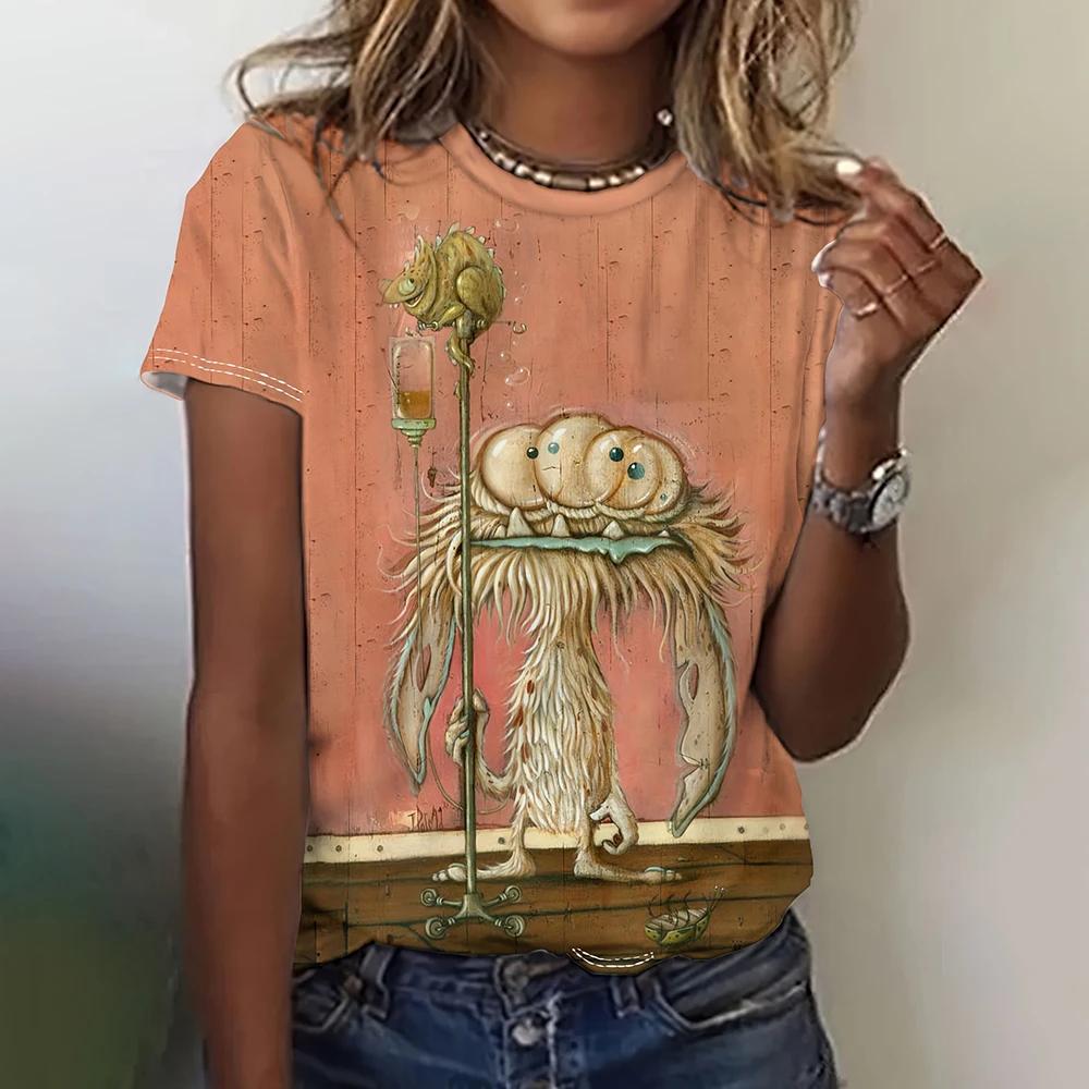 Летний круглый вырез с 3D рисунком в виде мультфильма, модные повседневные женские футболки с короткими рукавами