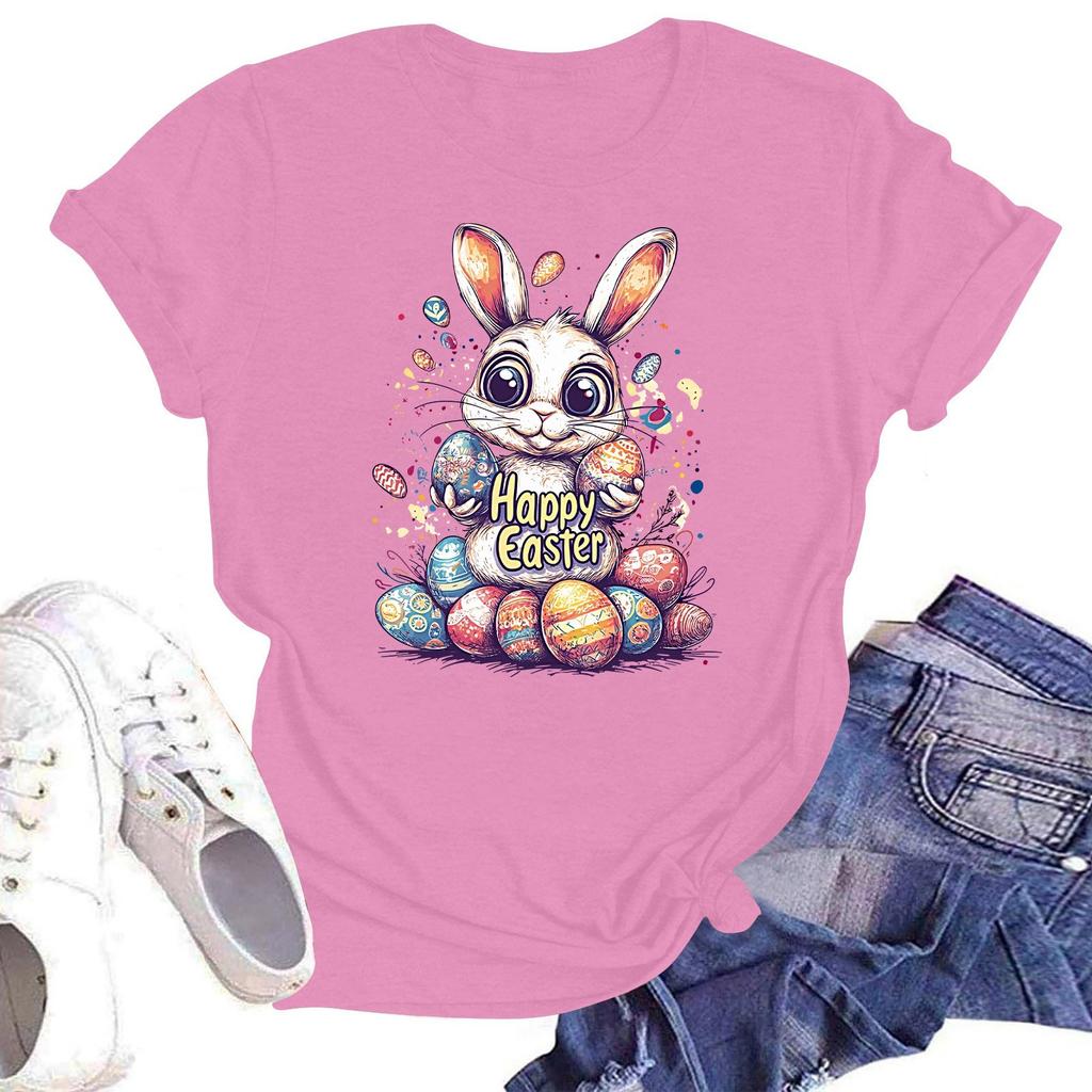 Happy Easter Women's Fashion Printed Round Neck Short Sleeve T-Shirt Pullover Top