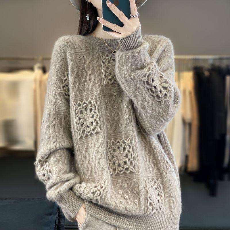 Осенне-зимний кашемировый свободный женский свитер с круглым вырезом, шерстяной утолщенный пуловер, свободный топ для женщин