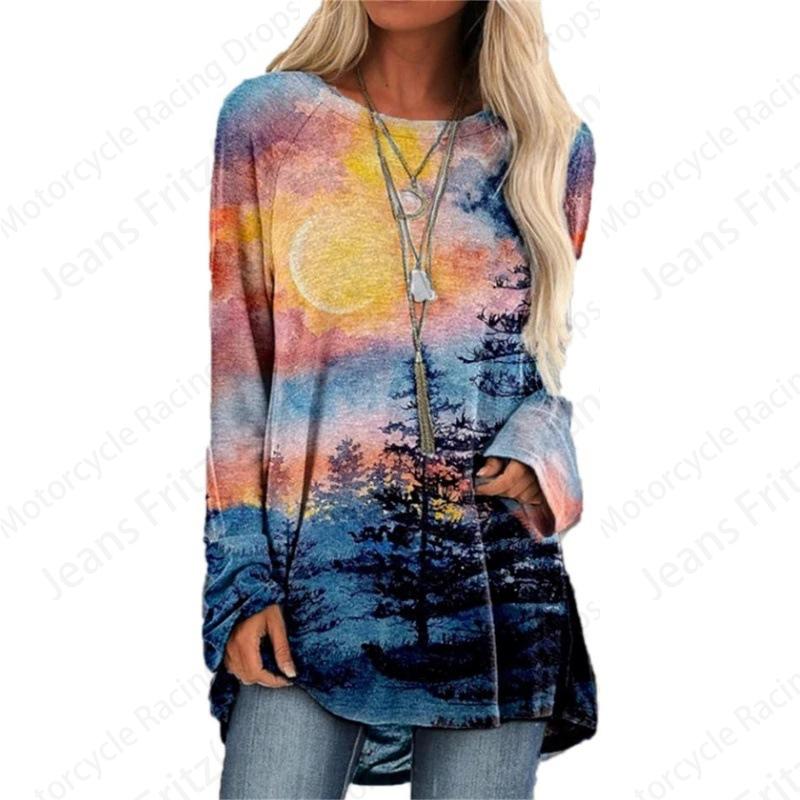Футболки с принтом в виде природных пейзажей 3D, женская мода, футболка с длинным рукавом, туника с крестообразным узором, длинная винтажная футболка, градиентная одежда для женщин