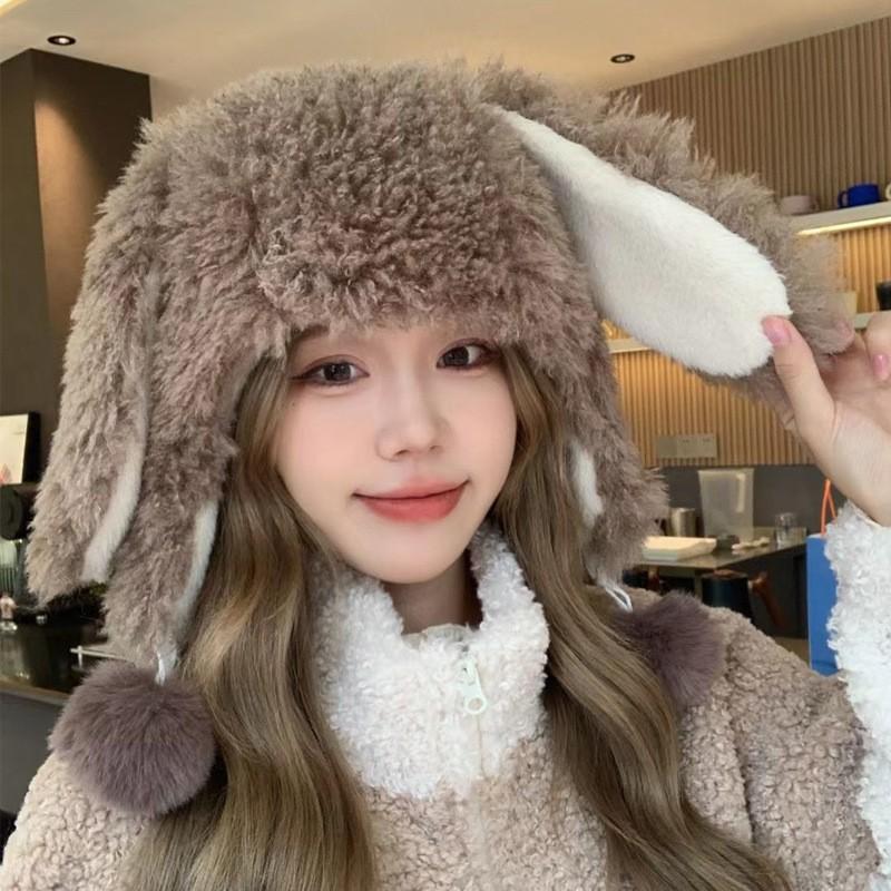 Зимняя утолщенная белая плюшевая шапка с мультяшными кроличьими ушками, женская, для уменьшения возраста, милая и симпатичная, с защитой ушей, теплая шапка-пуловер