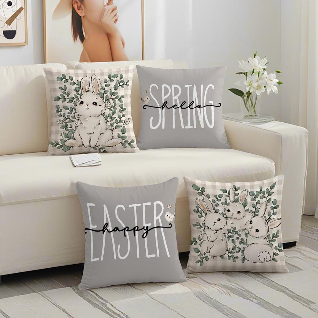 Плюшевая наволочка с принтом пасхального кролика и яиц - Праздничный чехол на диванную подушку