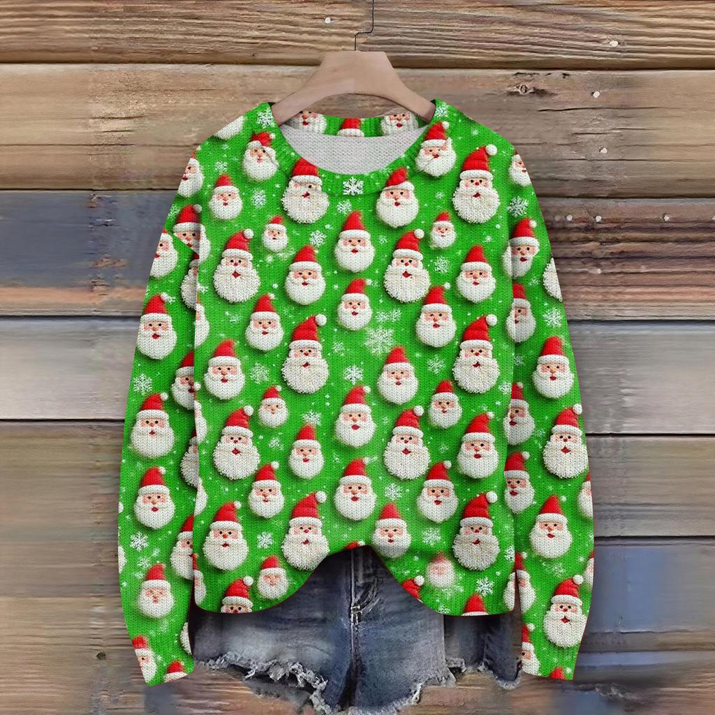 Women's Christmas Print Cardigan Long Sleeve Round Neck Knit Top