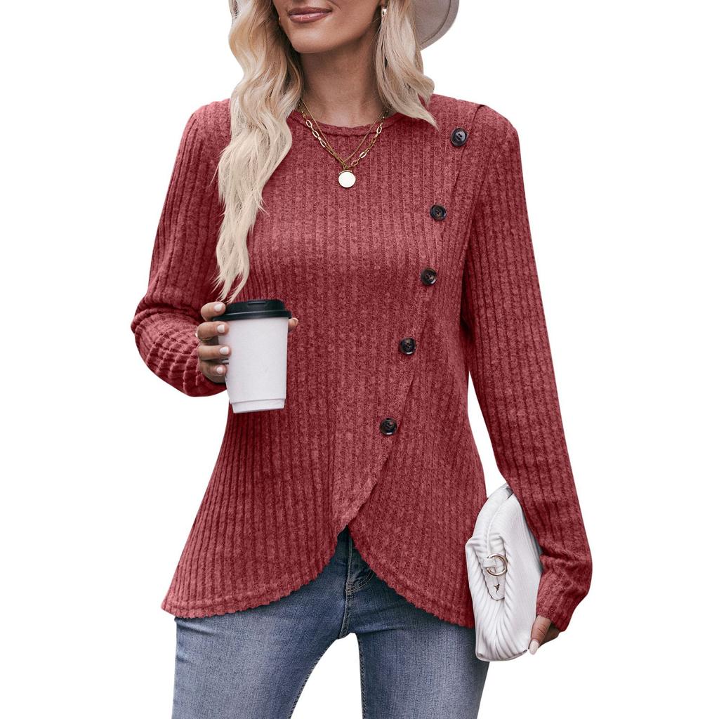 Женская эластичная трикотажная футболка с круглым вырезом в рубчик, модная однотонная футболка на пуговицах с нерегулярным низом