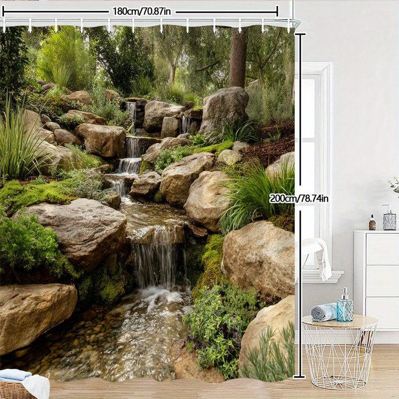 1pc Serene Waterfall Shower Curtain - Multi-Tiered Cascade Over Moss-Covered Rocks & Lush Green Forest Landscape, Durable Polyes