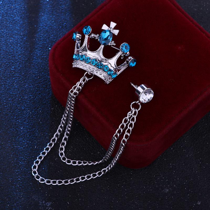 Crystal Men Brooch Pin Crown Fashion Collar Pins Suit Lapel Wedding Gift Jewelry Cross Chain