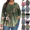 Women's Plus Size Fashion Printed Casual Pleated Round Neck Long Sleeve Top