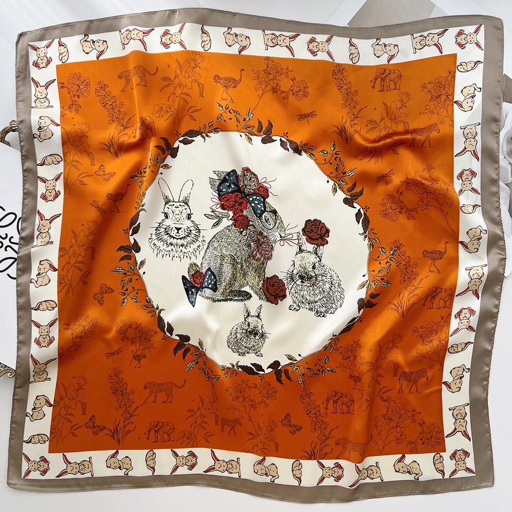 French pastoral rabbit small square scarf spring and autumn versatile bag head scarf 1116 new silk scarf tied bag headband small scarf