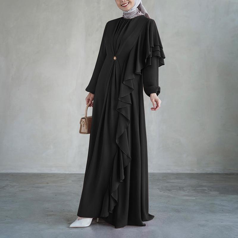 ZANZEA Женское повседневное платье с круглым вырезом, длинными рукавами, свободного кроя, с оборками, вставками, длинное