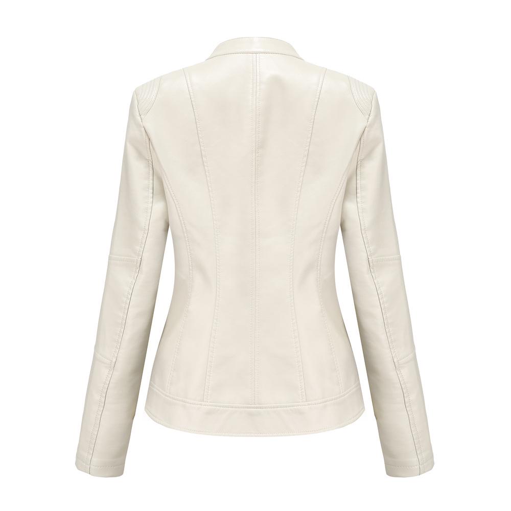 Women's Navy Blue Stand Collar PU Leather Jacket - Lightweight Spring/Autumn Fashion Coat